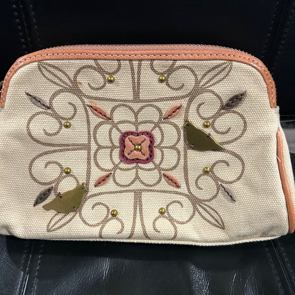 Fossil Embroidered Canvas Clutch - Cream and Pink